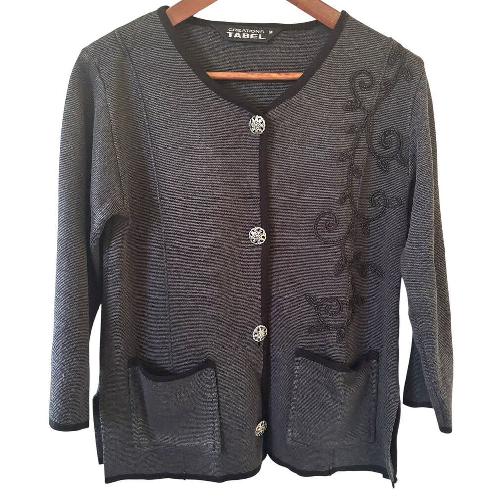 Embroidered Womens M Classic Black Floral Jacket Glam Quiet Luxury Old Money Art